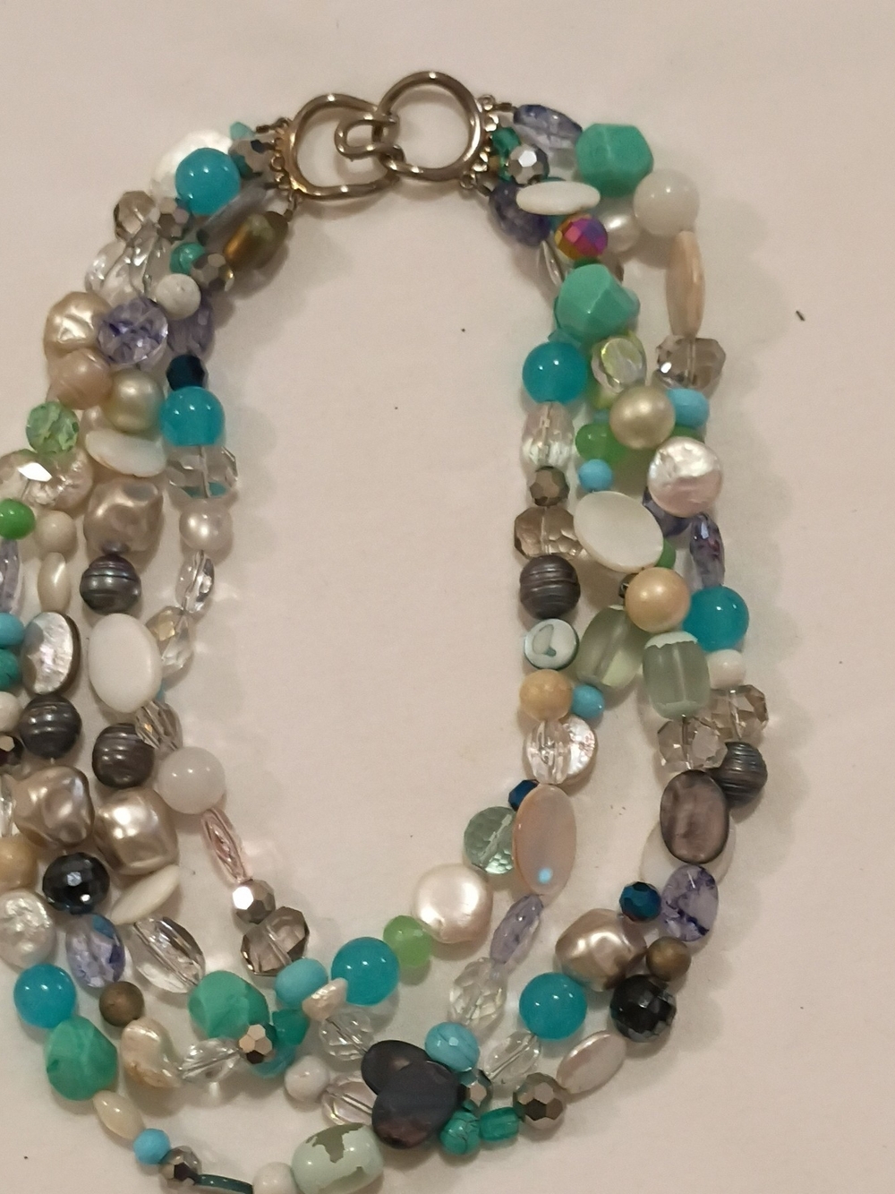 Multi-Strand Beaded Necklace in Turquoise, White & Pearl
